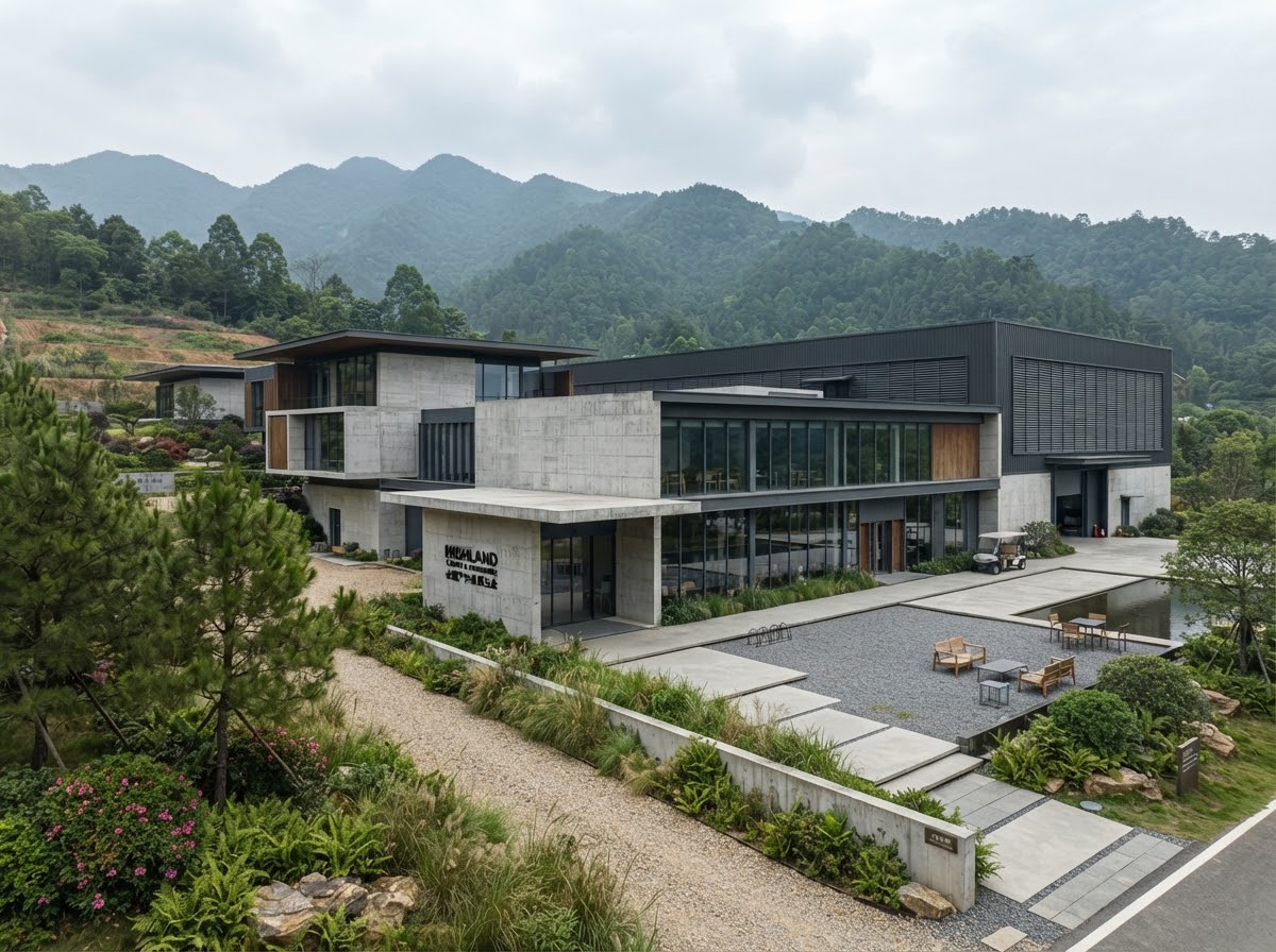 TrailNest modern concrete and black steel manufacturing headquarters nestled in mountains