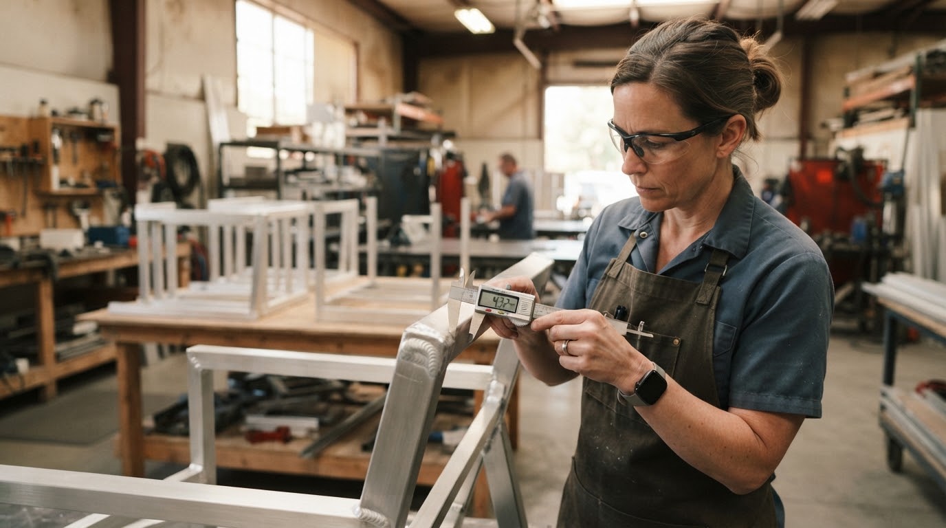 Lead QC engineer in workshop apron using digital vernier caliper to inspect robotic TIG welds on an architectural aluminum frame.