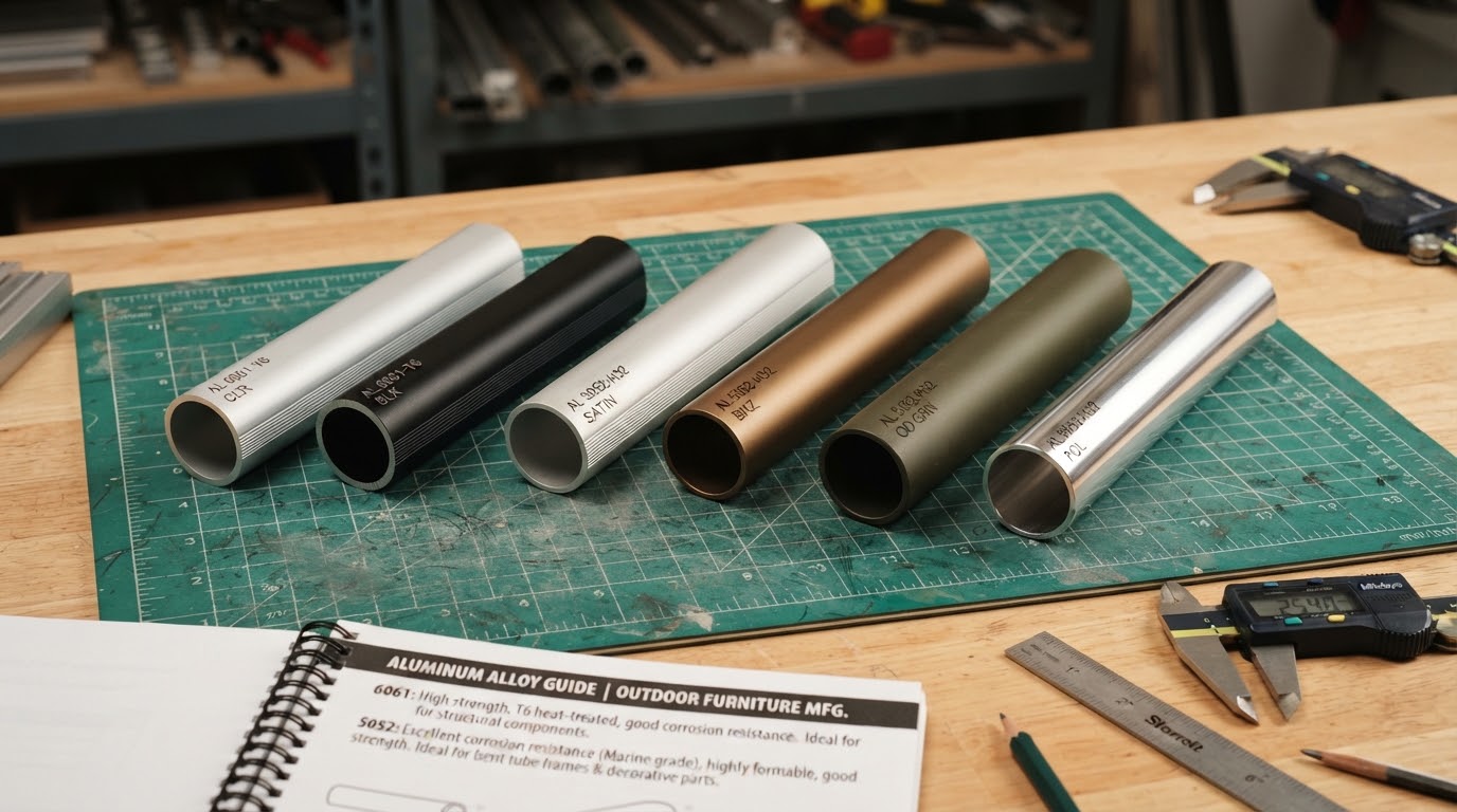 6061 and 5052 grade extruded aluminum tube swatches on workbench with engineering guide notebook.