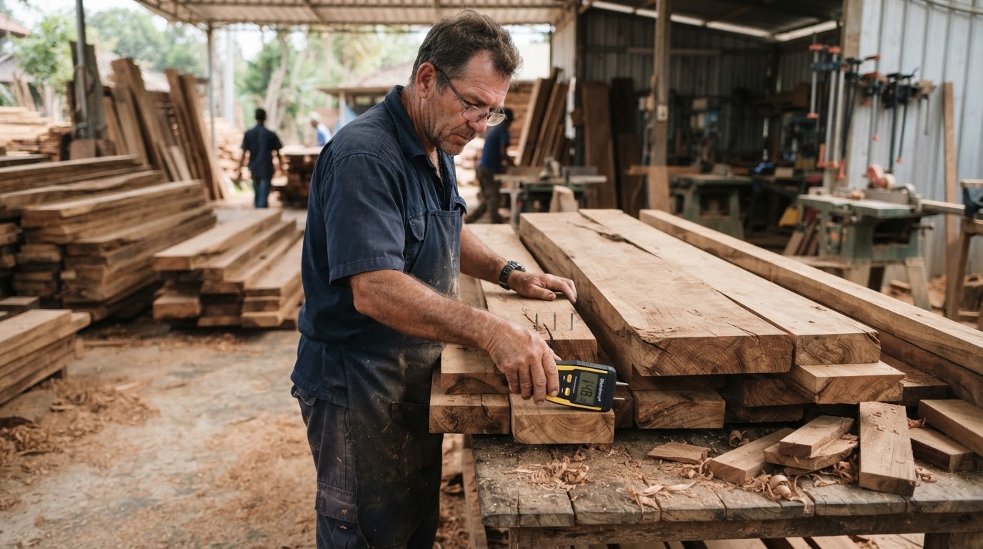 Quality engineer testing plantation teak beams with dual-pin digital moisture sensor.