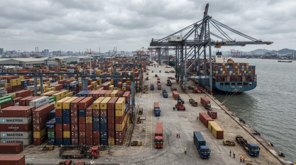 Deepwater container shipping terminal in Ningbo port with gantry cranes loading export vessels.
