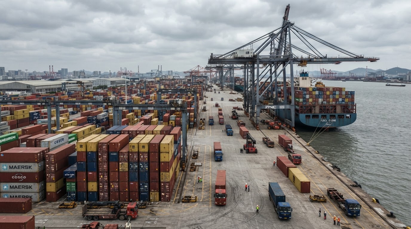 Deepwater container shipping terminal in Ningbo port with gantry cranes loading export vessels.