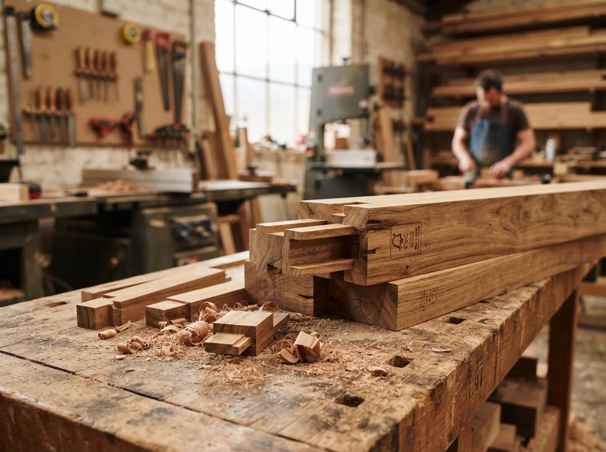 FSC certified natural teak wood timber beams with wood grain and precision joinery offcuts.