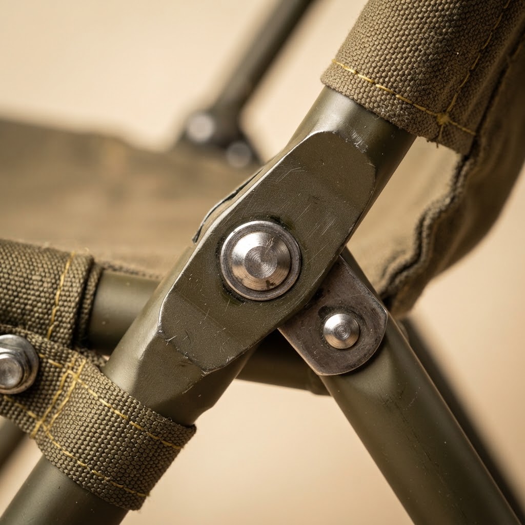 Close-up macro of aircraft-grade aluminum folding hinge and reinforced steel rivets.