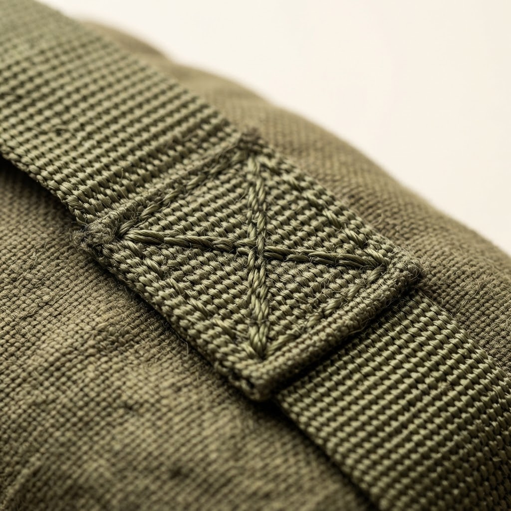 Macro extreme close-up of tactical reinforced stitching on olive green canvas fabric.